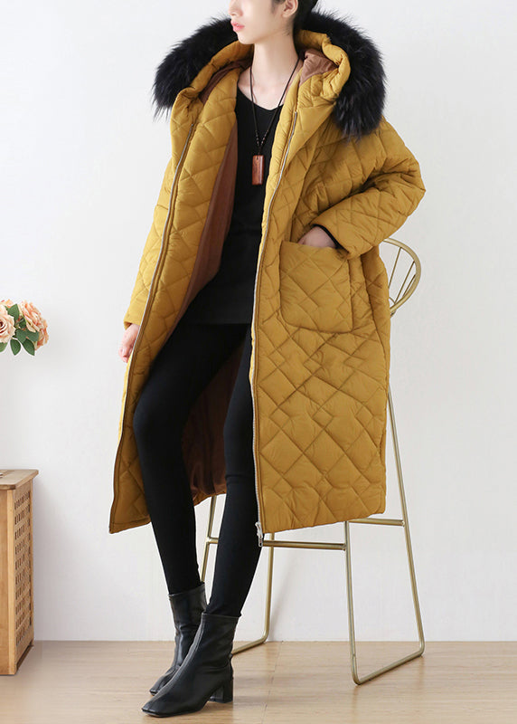 Yellow Zippered Warm Hooded Long Parka Winter