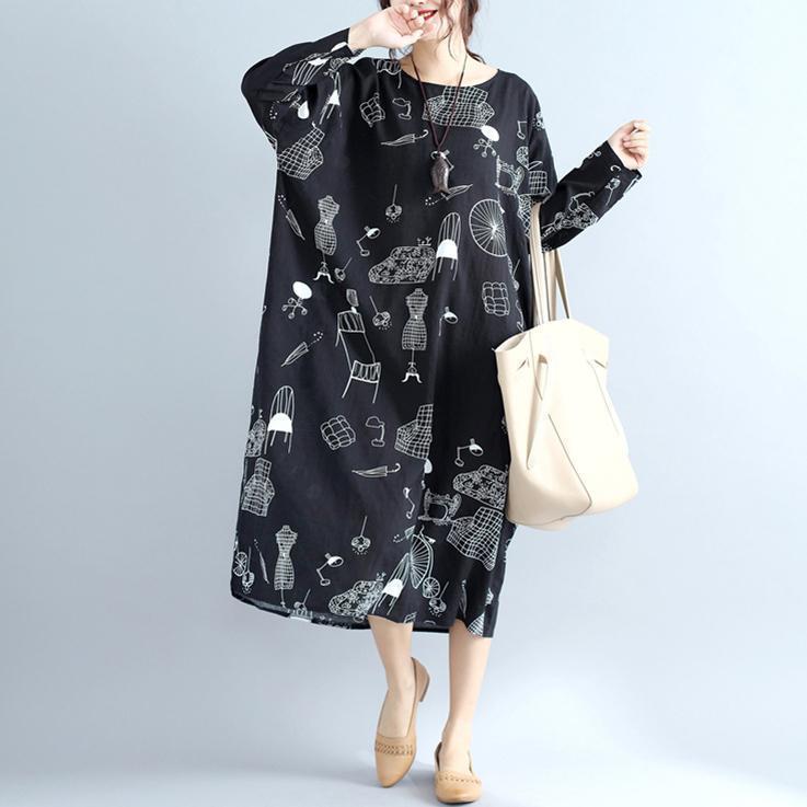 Baggy Cotton Quilting Dresses Sewing Black Print Robe Dresses