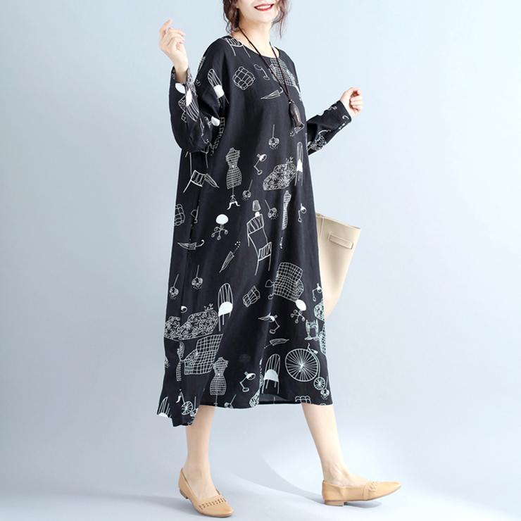 Baggy Cotton Quilting Dresses Sewing Black Print Robe Dresses