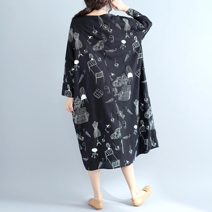 Baggy Cotton Quilting Dresses Sewing Black Print Robe Dresses