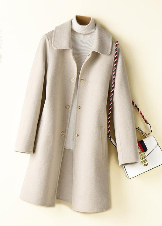 Beige Tunic Pattern Design Peter Pan Collar Woolen Coats