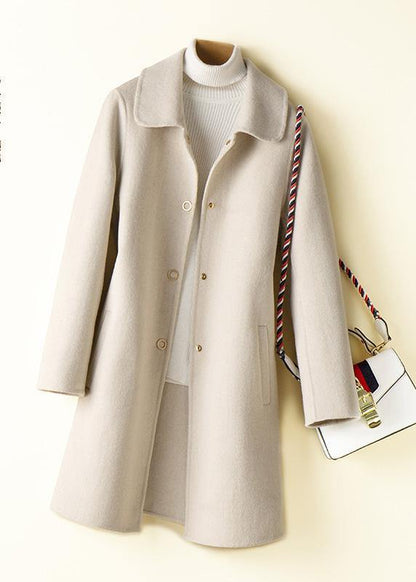 Beige Tunic Pattern Design Peter Pan Collar Woolen Coats