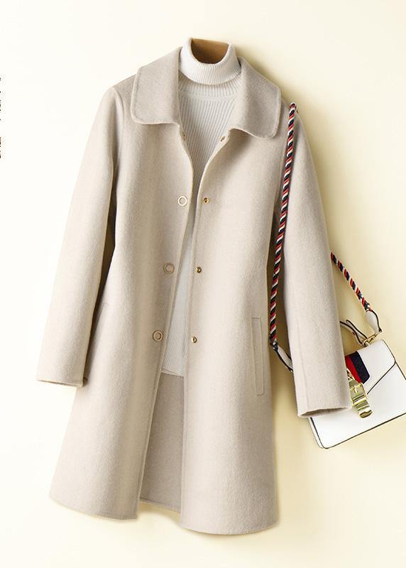Beige Tunic Pattern Design Peter Pan Collar Woolen Coats