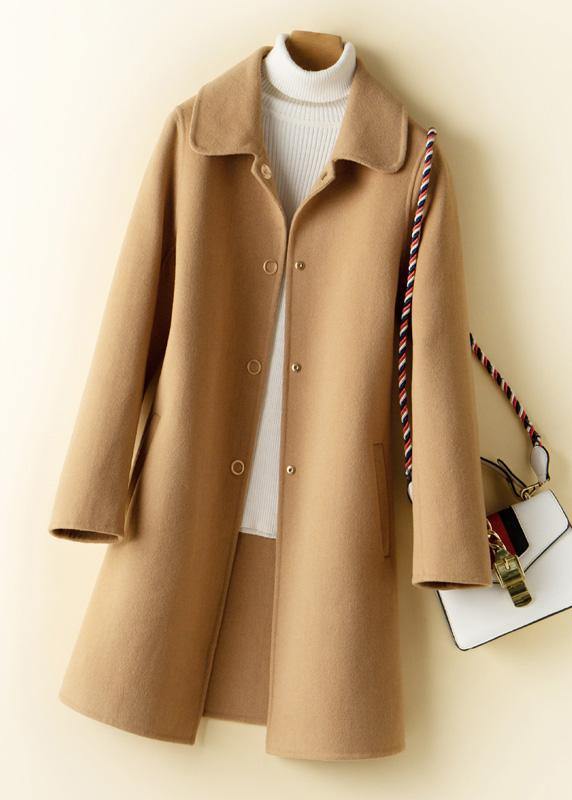 Beige Tunic Pattern Design Peter Pan Collar Woolen Coats