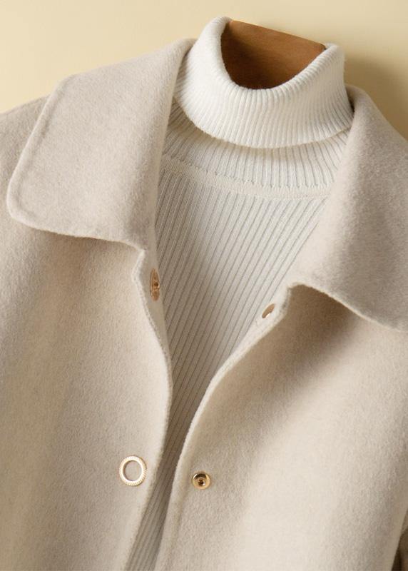 Beige Tunic Pattern Design Peter Pan Collar Woolen Coats