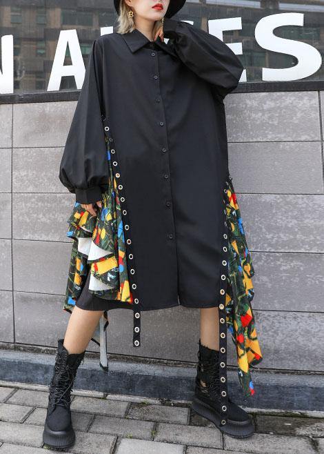 Black Cotton Dress Side Patchwork Fall Shirt Dress