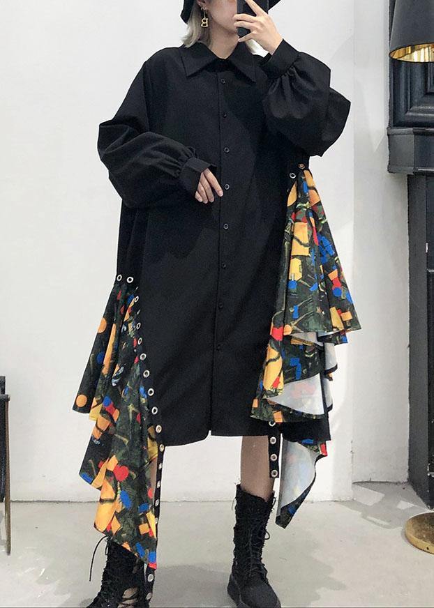 Black Cotton Dress Side Patchwork Fall Shirt Dress