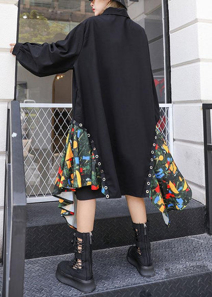 Black Cotton Dress Side Patchwork Fall Shirt Dress