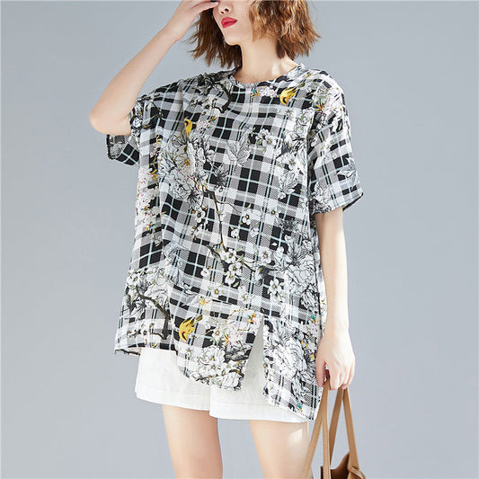 Black Plaid Linen Cotton Long Shirts Organic Sewing O Neck Print Baggy Shirts