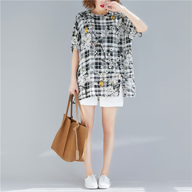 Black Plaid Linen Cotton Long Shirts Organic Sewing O Neck Print Baggy Shirts