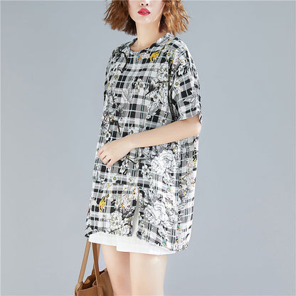 Black Plaid Linen Cotton Long Shirts Organic Sewing O Neck Print Baggy Shirts