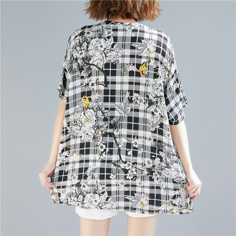 Black Plaid Linen Cotton Long Shirts Organic Sewing O Neck Print Baggy Shirts
