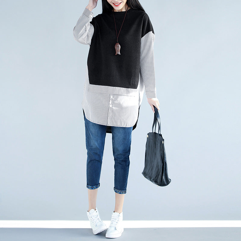 Black Cotton Blouses for Outfits Spring Dresses False Two Pieces Shirts