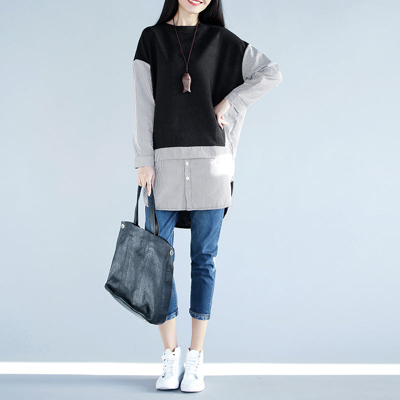 Black Cotton Blouses for Outfits Spring Dresses False Two Pieces Shirts