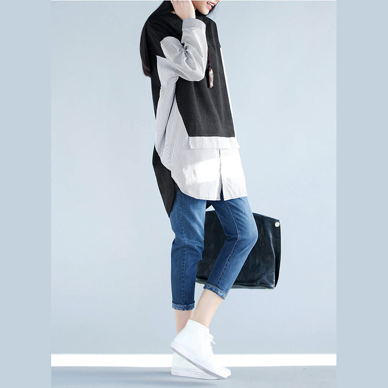 Black Cotton Blouses for Outfits Spring Dresses False Two Pieces Shirts