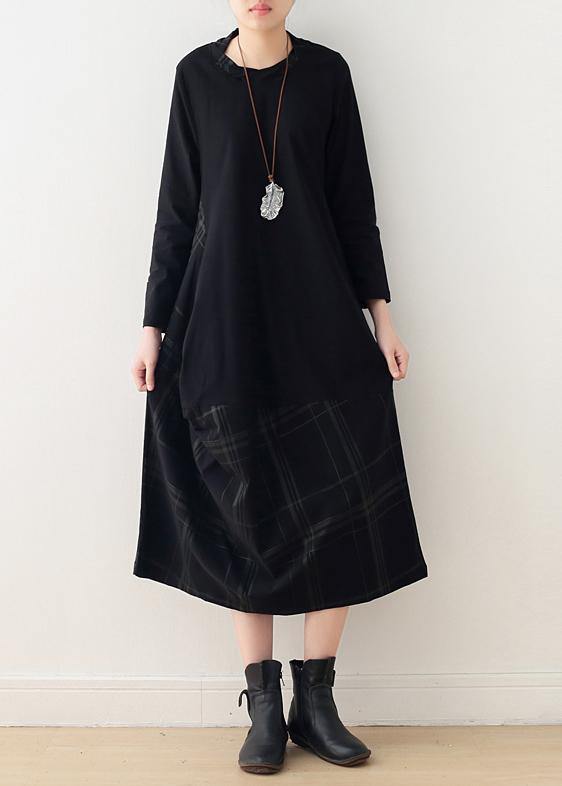 Black Cotton Quilting Dresses O Neck Patchwork Maxi Dress