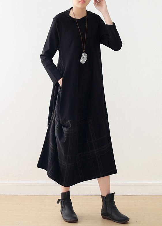 Black Cotton Quilting Dresses O Neck Patchwork Maxi Dress
