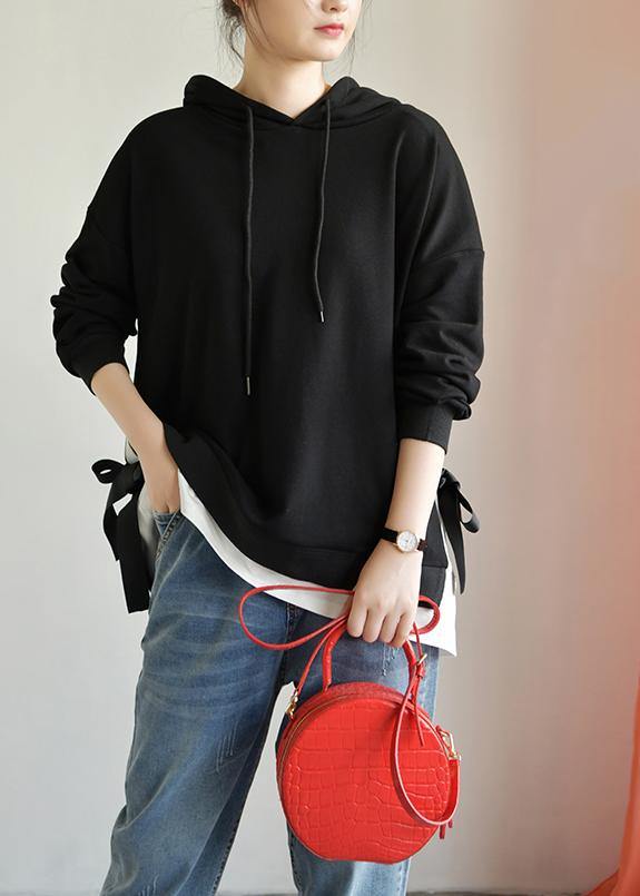 Black Cotton Shirts Hooded Drawstring Clothing Fall Top