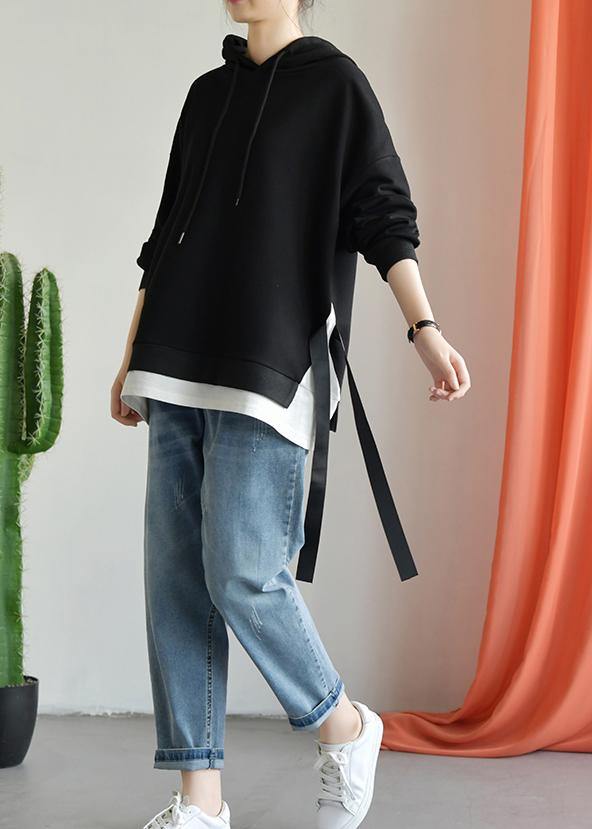 Beautiful black cotton shirts women hooded drawstring Plus Size Clothing fall top