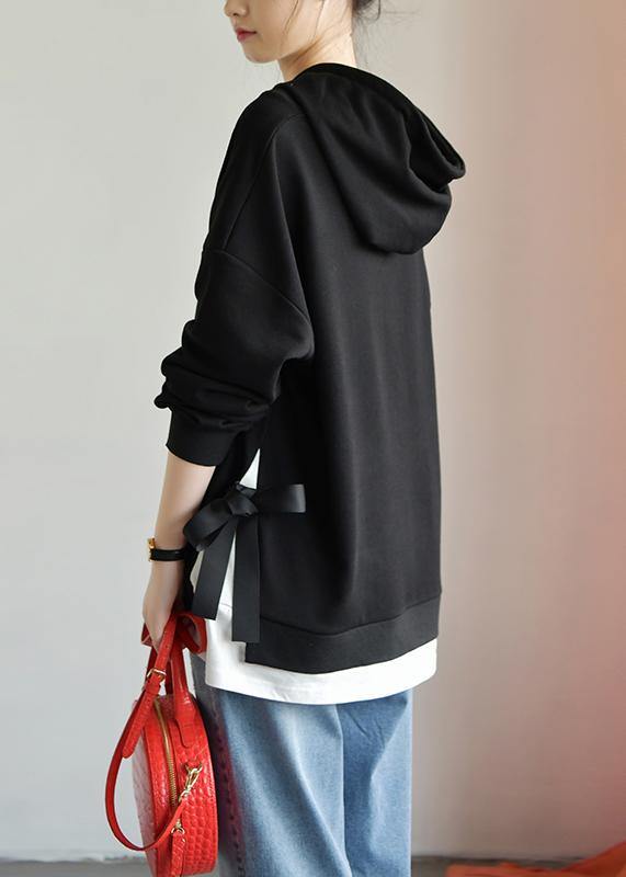 Black Cotton Shirts Hooded Drawstring Clothing Fall Top