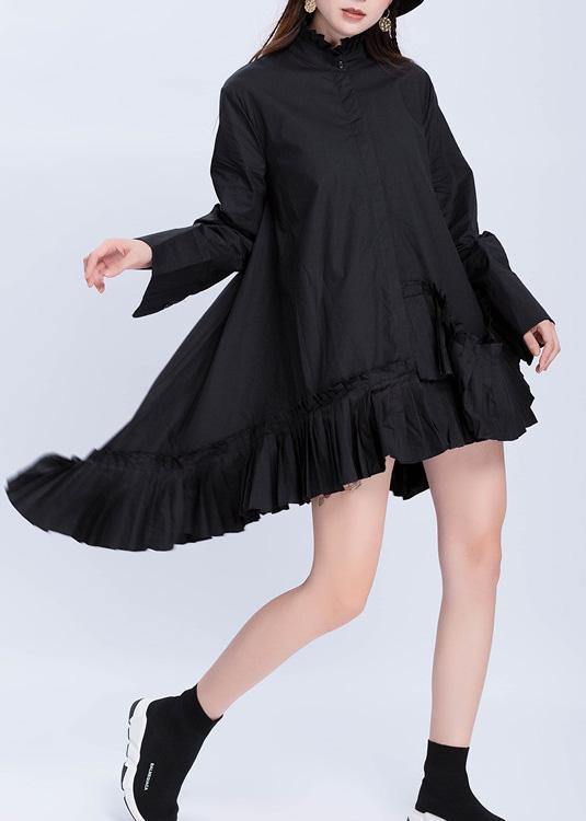 Black Cotton Top Silhouette Low High Design Dresses Ruffles Hem Shirts