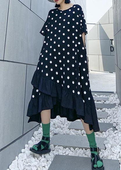 Black Dotted Cotton Tunics for O Neck Ruffles Dress