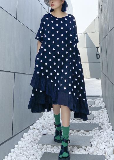 Black Dotted Cotton Tunics for O Neck Ruffles Dress