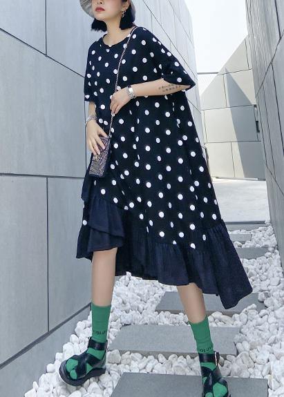 Black Dotted Cotton Tunics for O Neck Ruffles Dress