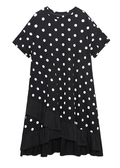 Black Dotted Cotton Tunics for O Neck Ruffles Dress
