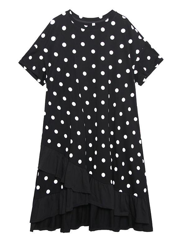 Black Dotted Cotton Tunics for O Neck Ruffles Dress