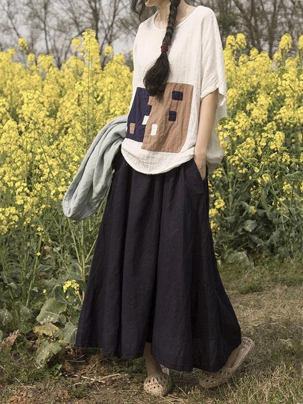 Black Linen Cotton Wardrobes Elastic Waist Pockets Clothing Skirt