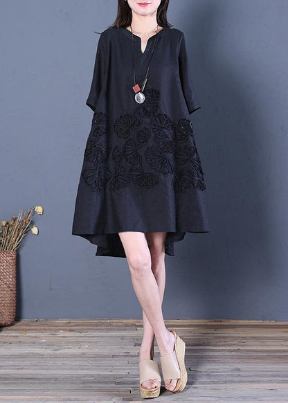 Black Linen Dress V Neck Low High Design Cotton Summer Dress