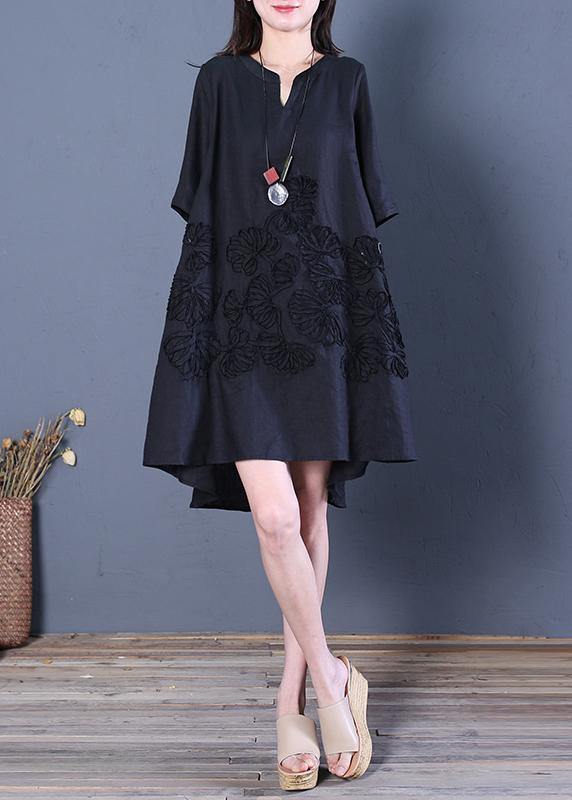 Black Linen Dress V Neck Low High Design Cotton Summer Dress