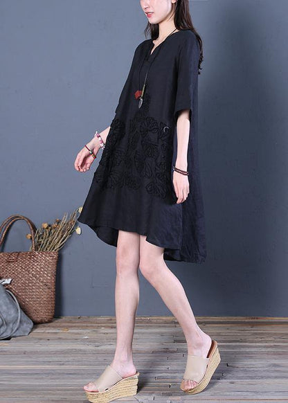 Black Linen Dress V Neck Low High Design Cotton Summer Dress