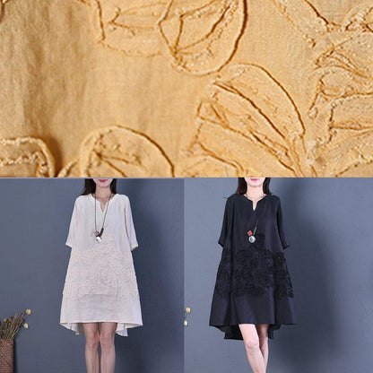 Black Linen Dress V Neck Low High Design Cotton Summer Dress
