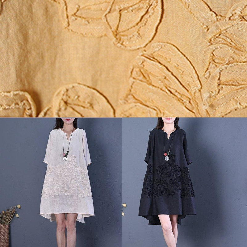 Black Linen Dress V Neck Low High Design Cotton Summer Dress