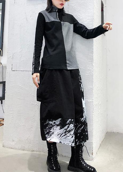 Black Print Cotton Skirt Pockets Short Dress