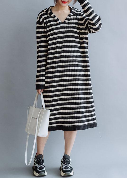 Black Striped Cotton Quilting Dresses Hooded Kaftan Fall Dress