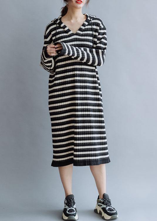 Black Striped Cotton Quilting Dresses Hooded Kaftan Fall Dress