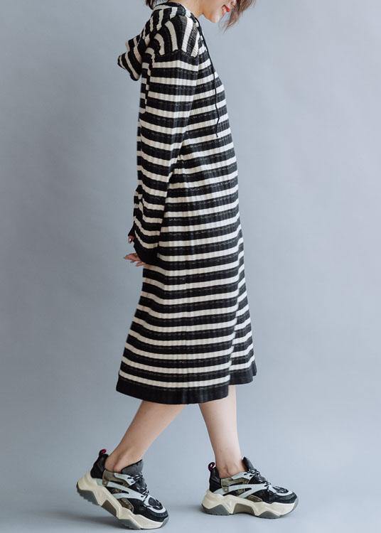 Black Striped Cotton Quilting Dresses Hooded Kaftan Fall Dress