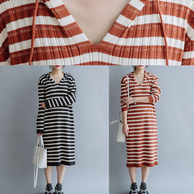 Black Striped Cotton Quilting Dresses Hooded Kaftan Fall Dress