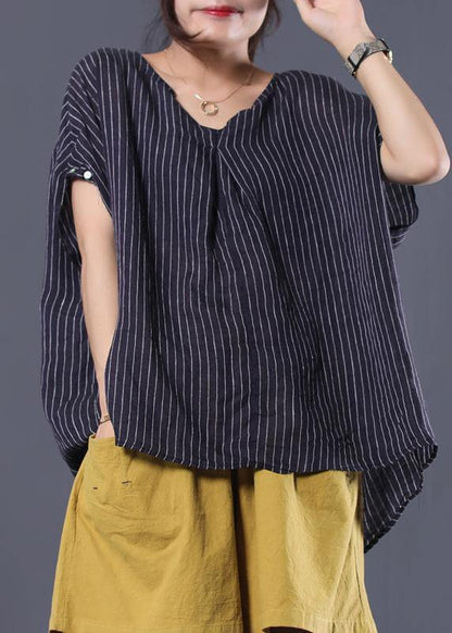 Blue Striped Linen Clothes for V Neck Baggy Summer Top