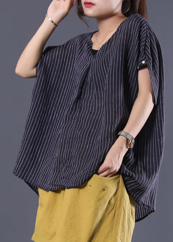 Blue Striped Linen Clothes for V Neck Baggy Summer Top