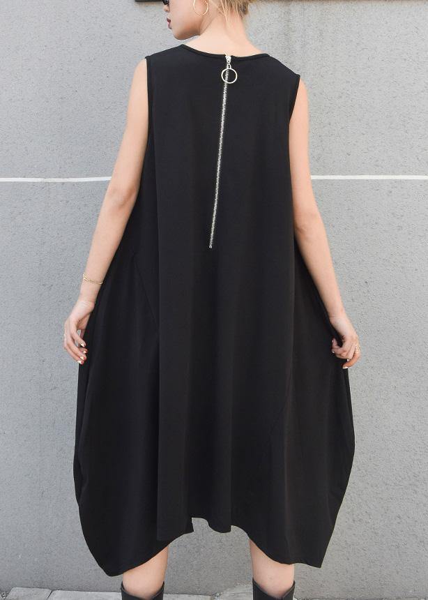 Black Striped Pockets Cotton Clothes Sleeveless Maxi Summer Dresses