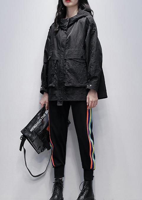 Black Clothes Work Outfits Hooded Zippered Coat