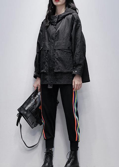 Black Clothes Work Outfits Hooded Zippered Coat