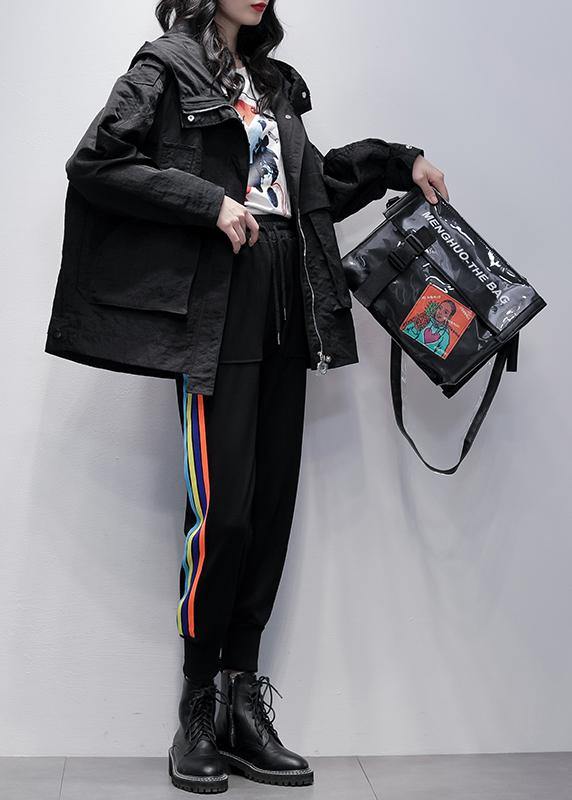 Black Clothes Work Outfits Hooded Zippered Coat