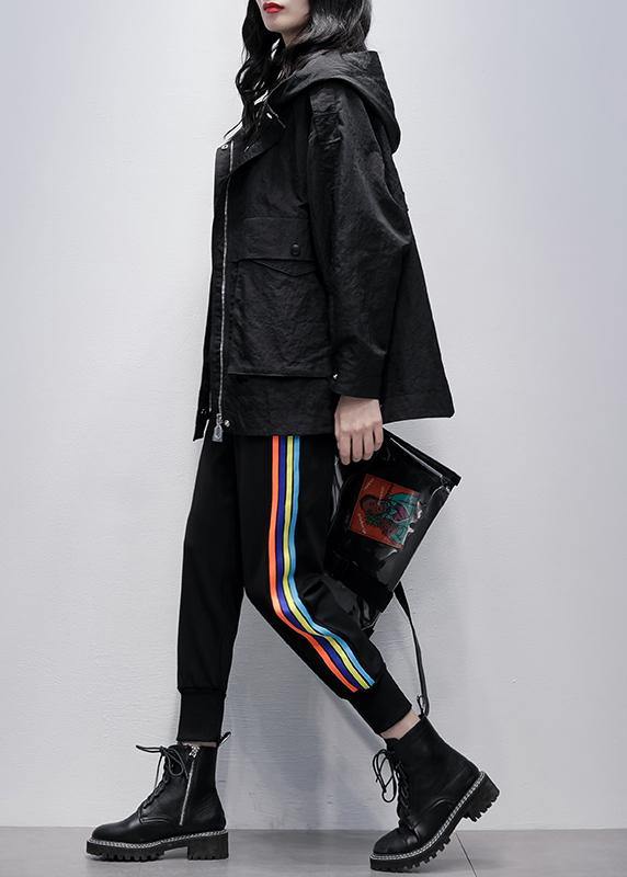 Black Clothes Work Outfits Hooded Zippered Coat
