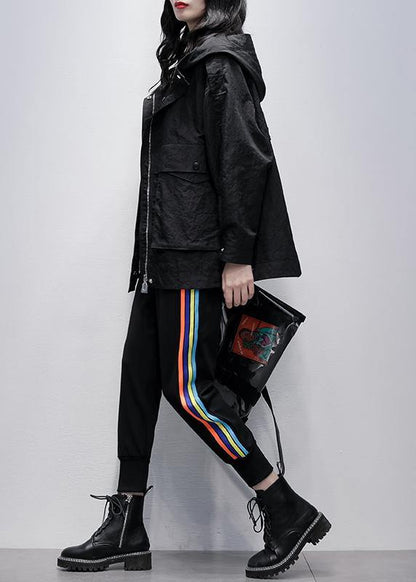 Black Clothes Work Outfits Hooded Zippered Coat
