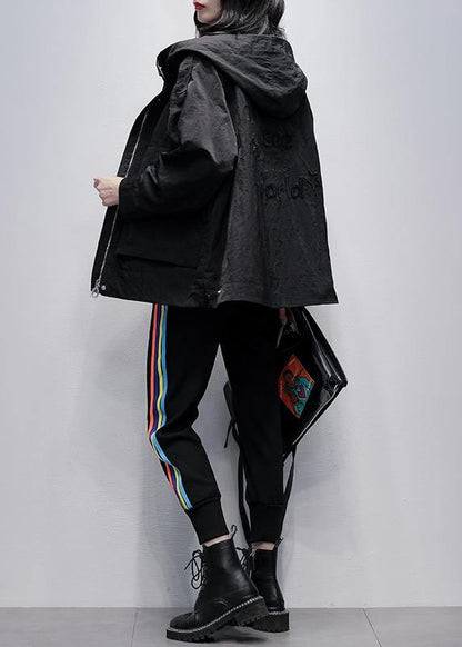 Black Clothes Work Outfits Hooded Zippered Coat